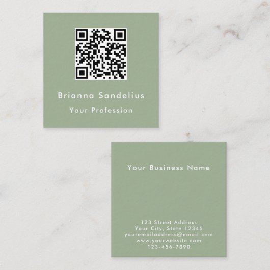 Modern Elegant Custom Sage Green QR Code Quadratische Visitenkarte (Vorne/Hinten)