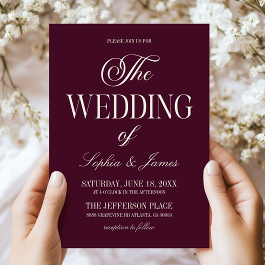 Modern Elegant Dark Wine Purple Ivory Wedding Einladung