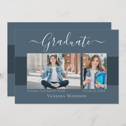 Modern | Elegant Dusty Blue 2 Foto Abschluss Ankündigung (Vorne/Hinten)