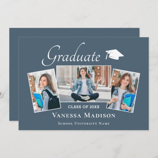 Modern | Elegant Dusty Blue 3 Foto Abschluss Ankündigung (Vorne/Hinten)