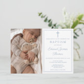 Modern Elegant Dusty Blue Photo Baptism Einladung (Stehend Vorderseite)