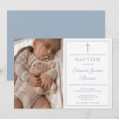 Modern Elegant Dusty Blue Photo Baptism Einladung (Vorne/Hinten)