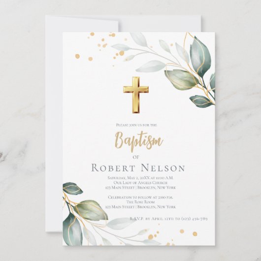 Modern Elegant Eucalyptus Gold Baptism Christening Einladung (Vorderseite)