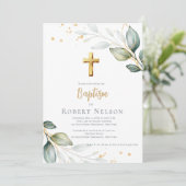 Modern Elegant Eucalyptus Gold Baptism Christening Einladung (Stehend Vorderseite)