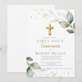 Modern Elegant Eucalyptus Gold First Communion Einladung (Vorne/Hinten)