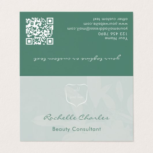 Modern Elegant Eucalyptus Green Add Logo QR Code Visitenkarten (Außenseite Aufgefaltet)
