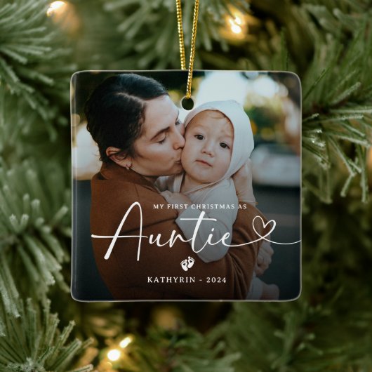 Modern Elegant First Christmas As Auntie Photo Cer Keramikornament (Baum)
