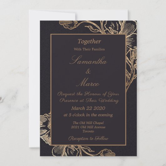 Modern Elegant Gold Faux Metal Floral Wedding Einladung (Vorderseite)