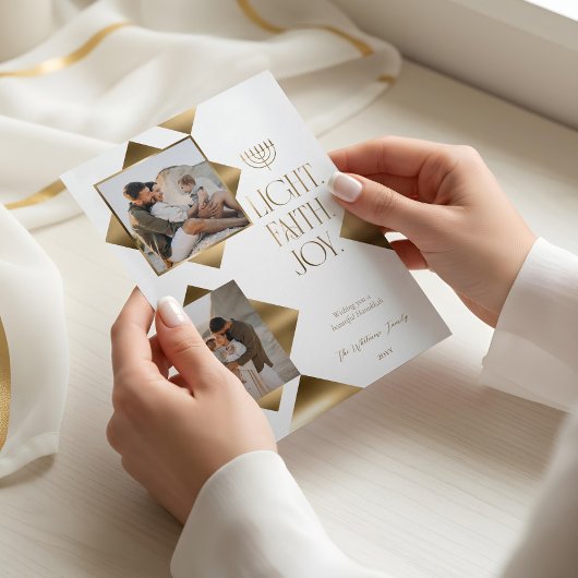 Modern Elegant Gold Star Family Photos Hanukkah Dreifach Gefaltete Urlaubskarte