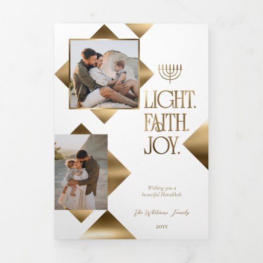 Modern Elegant Gold Star Family Photos Hanukkah Dreifach Gefaltete Urlaubskarte (Cover)