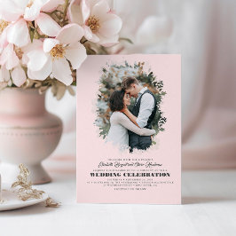 Modern Elegant Greenery Photo Overlay Pink Wedding Einladung