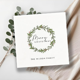 MODERN ELEGANT HOLLY BERRY WREATH CHRISTMAS SERVIETTE