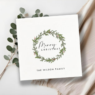 MODERN ELEGANT HOLLY BERRY WREATH CHRISTMAS SERVIETTE