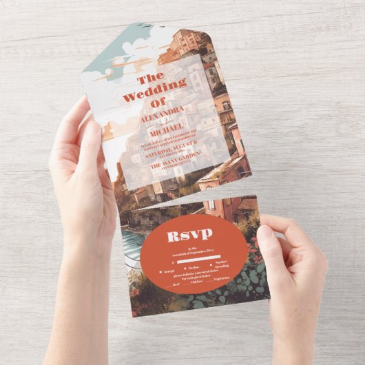 Modern Elegant Italy Destination Wedding All In One Einladung (Abreißen)