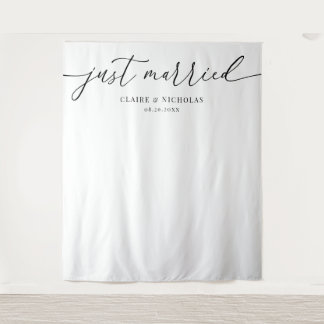 Modern Elegant Just Married Wedding Photo Backdrop Wandteppich