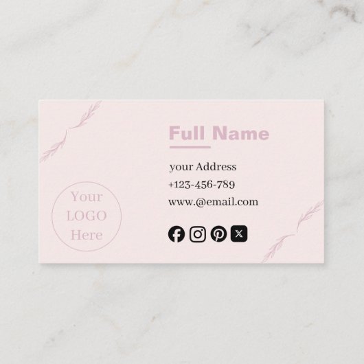 Modern Elegant leaves Blush Pink Visitenkarte (Rückseite)