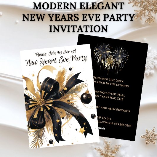 Modern Elegant New Years Eve Party Gold and Black Einladung