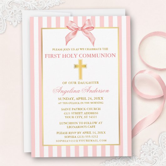 Modern Elegant Pink Blush Striped Communion Einladung