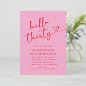 Modern Elegant Pink Red Hello 30th Birthday Party Einladung (Stehend Vorderseite)