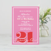 Modern Elegant Pink Red Retro 21st Birthday  Einladung (Stehend Vorderseite)