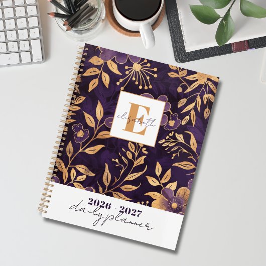Modern Elegant Purple and Gold Floral Botanical Planer