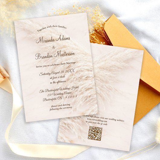 Modern Elegant QR Code Pampas Grass Boho Wedding Einladung