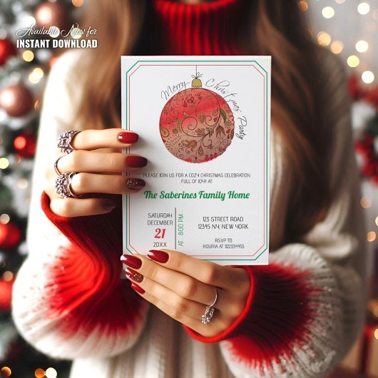 Modern Elegant Red Christmas Doodle Ornament  Einladung