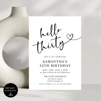 Modern Elegant Red White Hello 30. Geburtstag Part Einladung