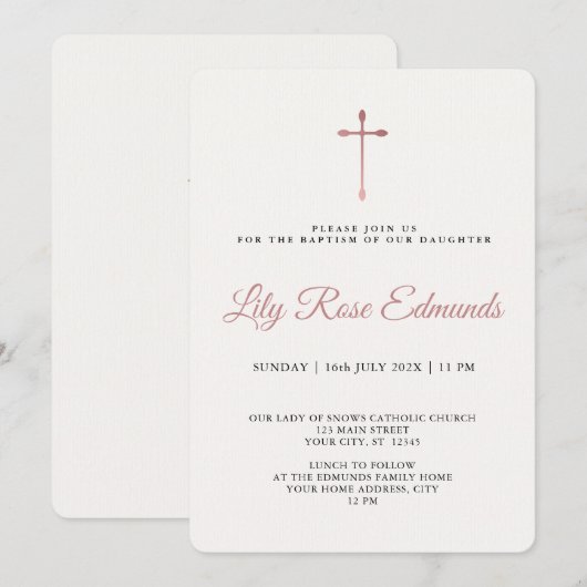 Modern Elegant Rose Gold & Blk Baptism  Einladung (Vorne/Hinten)