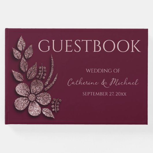 Modern Elegant Rose Gold Glitter Floral & Burgundy Gästebuch (Vorderseite)