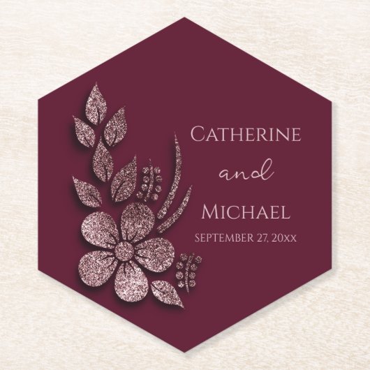 Modern Elegant Rose Gold Glitter Floral & Burgundy Untersetzer (Vorderseite)