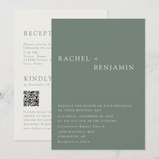 Modern Elegant Sage Green Wedding 2 Sided QR Code Einladung (Vorne/Hinten)