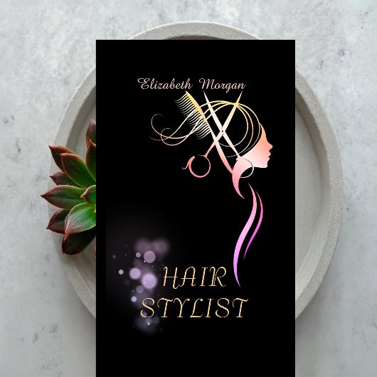 Modern Elegant Scissors Comb Hair Rose Gold Visitenkarte