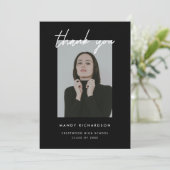 Modern Elegant Script 2-Photo Graduation Party Dankeskarte (Stehend Vorderseite)