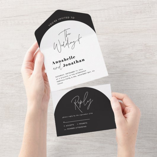 modern elegant script black and white arch wedding all in one einladung (Abreißen)