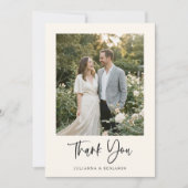 Modern Elegant Script Black Ivory Photo Wedding  Dankeskarte (Vorderseite)