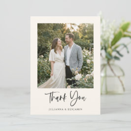Modern Elegant Script Black Ivory Photo Wedding  Dankeskarte