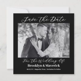 Modern Elegant Script Black White Wedding Photo Save The Date