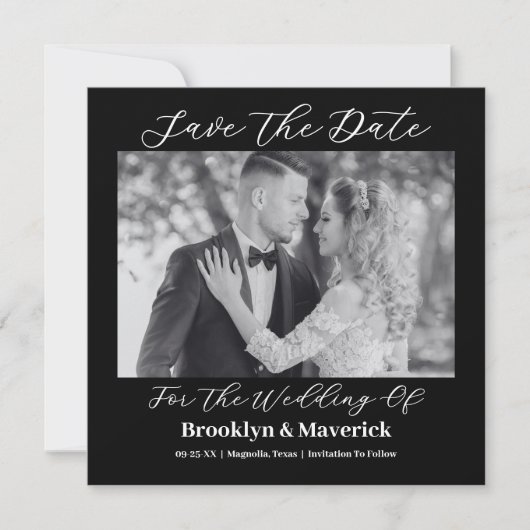 Modern Elegant Script Black White Wedding Photo Save The Date (Vorderseite)