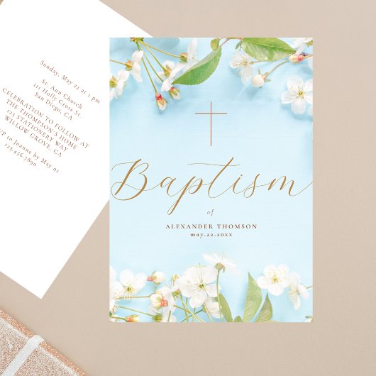 Modern Elegant Script Blue Flowery Cross Baptism Einladung