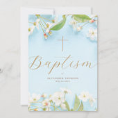 Modern Elegant Script Blue Flowery Cross Baptism Einladung (Vorderseite)
