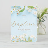 Modern Elegant Script Blue Flowery Cross Baptism Einladung (Stehend Vorderseite)