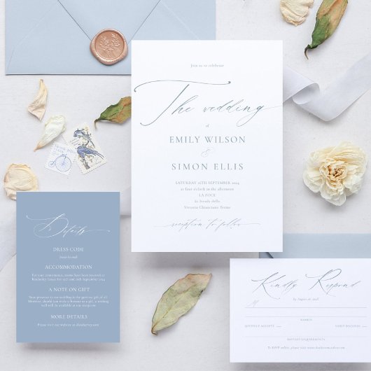 Modern Elegant Script Dusty Blue Wedding Einladung