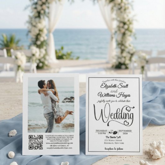 Modern Elegant Script QR Code Photo Budget Wedding Einladung