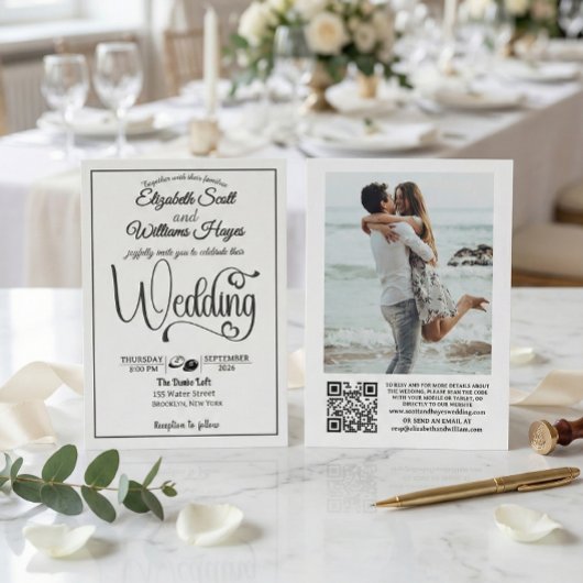 Modern Elegant Script QR Code Photo Budget Wedding Einladung