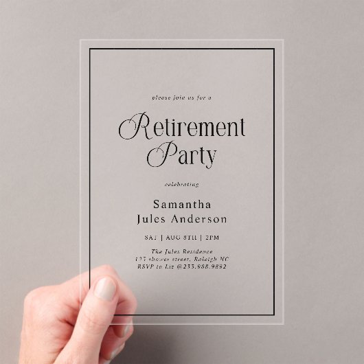 Modern Elegant Script Retirement Party  Acryleinladungen (Insitu (Handheld))