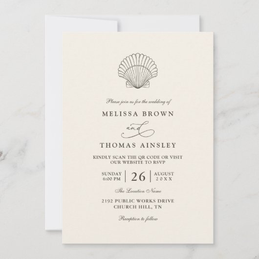 Modern Elegant Shell Beach Ocean QR Code Wedding Einladung (Vorderseite)