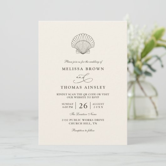 Modern Elegant Shell Beach Ocean QR Code Wedding Einladung (Stehend Vorderseite)