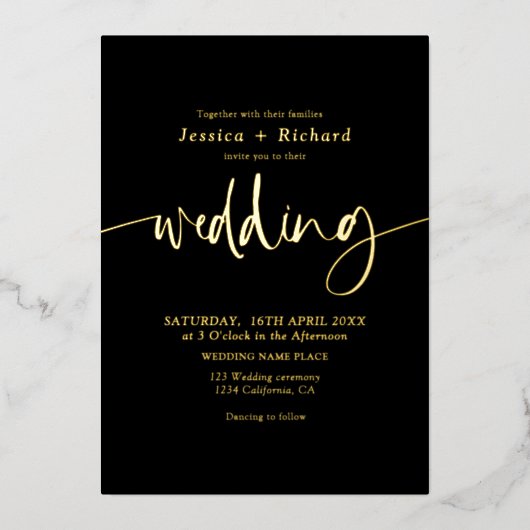 Modern elegant simple gold wedding script folieneinladung (Vorderseite)