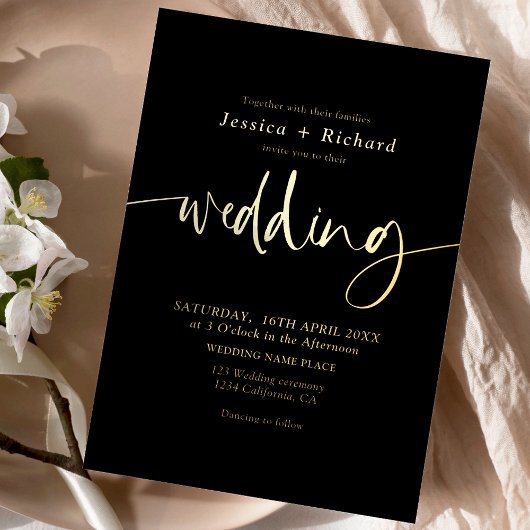 Modern elegant simple gold wedding script folieneinladung